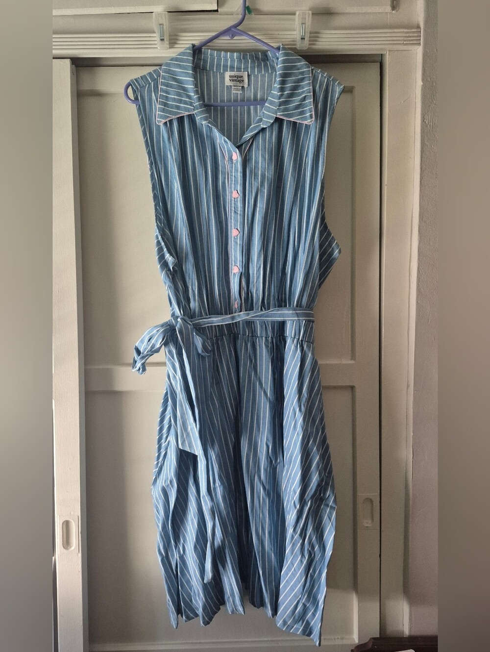 Unique Vintage Sleeveless Blue Striped Shirt Dress